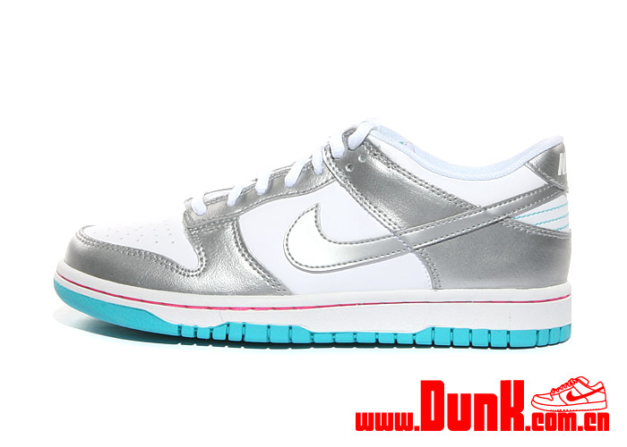 Nike Dunk Low Gs White Metallic Silver Bright Turquoise Laser Pink 2