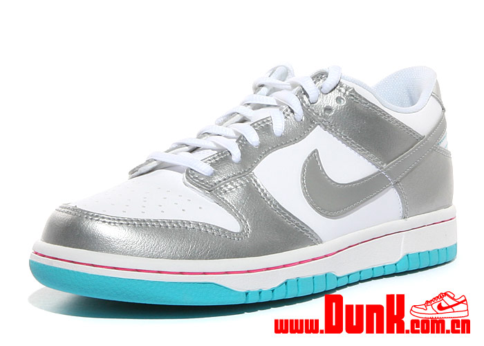Nike Dunk Low Gs White Metallic Silver Bright Turquoise Laser Pink 3