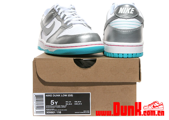 Nike Dunk Low Gs White Metallic Silver Bright Turquoise Laser Pink 6