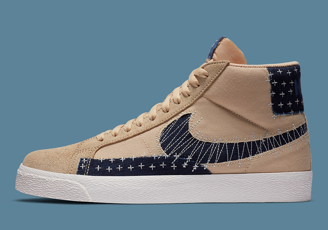 This Nike SB Blazer Mid “Sashiko” Pairs Sesame Uppers With Denim Patchwork
